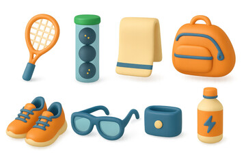 Squash gear icons collection featuring racket, balls, shoes, and accessories for design