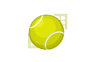 Vibrant yellow tennis ball with white seams and subtle 3D shading, against a dark transparent background with a faint tennis net outline. background removed