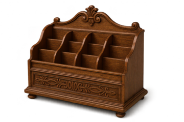 Elegant wooden letter holder with four slots on transparent background isolated