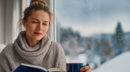 Woman journaling by a fogged window with steaming tea as snow falls outside.