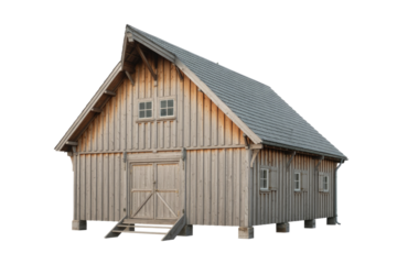 A rustic, weathered wooden barn or storage building with a grey shingle roof and elevated on piers, isolated on a transparent background. background removed