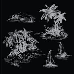 Tropic toile vector illustration set with palm islands boats coastal vintage hand drawn elements