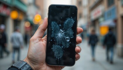 Hand holding a smartphone with greasy smudges on the screen