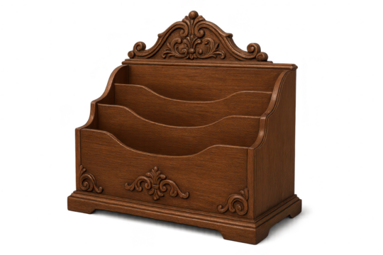 Elegant wooden letter holder, isolated on transparent background, ornate detail