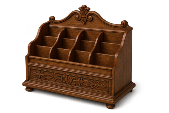 Elegant wooden letter holder with four slots on transparent background isolated