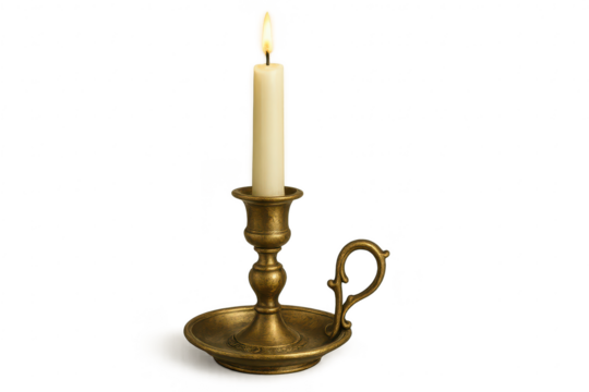 Burning candle in vintage brass candlestick isolated on transparent background. - Powered by Adobe