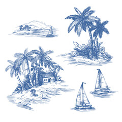 Tropic toile vector illustration set with palm islands boats coastal vintage hand drawn elements