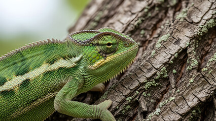 Naklejka premium Green chameleon blending perfectly with tree bark showing its scales and eye in a natural habitat