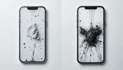 Contrast concept: clean vs. smudged phone screens side by side on a minimalist white surface,