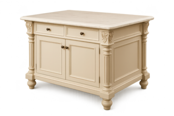 Elegant kitchen island with marble top isolated on transparent background studio