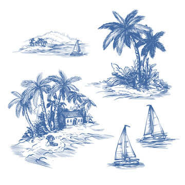 Tropic toile vector illustration set with palm islands boats coastal vintage hand drawn elements
