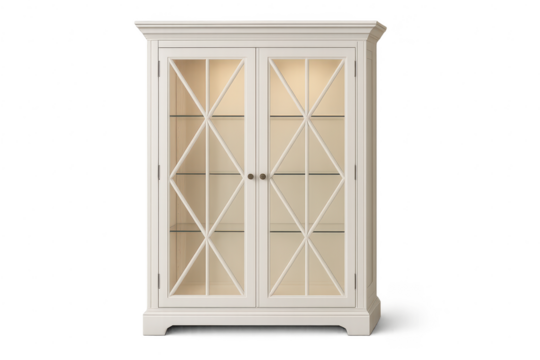 Elegant white display cabinet isolated on transparent background, furniture