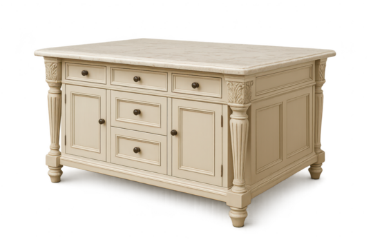 Elegant kitchen island cabinet isolated on transparent background, cream color