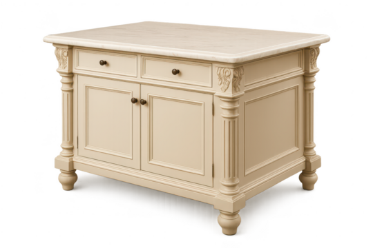 Elegant kitchen island with marble top isolated on transparent background studio