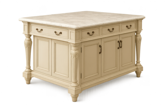 Elegant kitchen island with marble top isolated on transparent background view