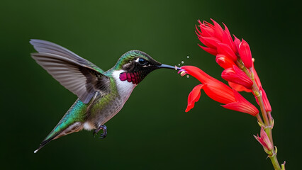 Fototapeta premium Hummingbird feeding nectar from a vibrant red flower with wings in motion against a soft green background
