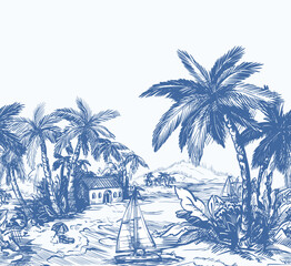 Tropic toile island scene with palm trees boats vintage drawing vector.