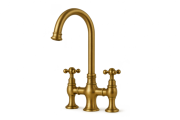 Elegant brass faucet with cross handles, isolated on transparent background.
