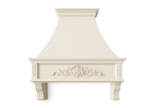 Elegant traditional kitchen range hood isolated on a transparent background.