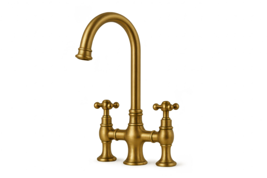 Elegant brass faucet with cross handles, isolated on transparent background.