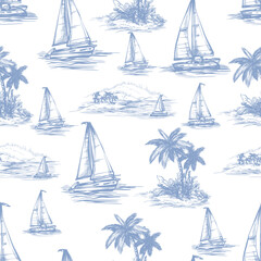 Tropic toile island scene with palm trees boats vintage drawing vector seamless pattern