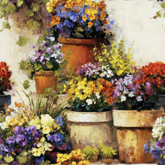 A digitally rendered oil painting of a charming European garden, showcasing an abundance of Sunny Yellow, Vibrant Orange, and Deep Lavender potted flowers, ideal for design projects requiring intricat