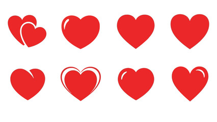 A collection of eight red heart icons, each representing love and affection, displayed against a clean white background.