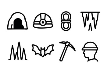 Fototapeta premium Caving and speleology line icons — cave, helmet, rope, and exploration gear — stock vector.
