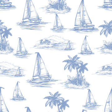 Tropic toile island scene with palm trees boats vintage drawing vector seamless pattern