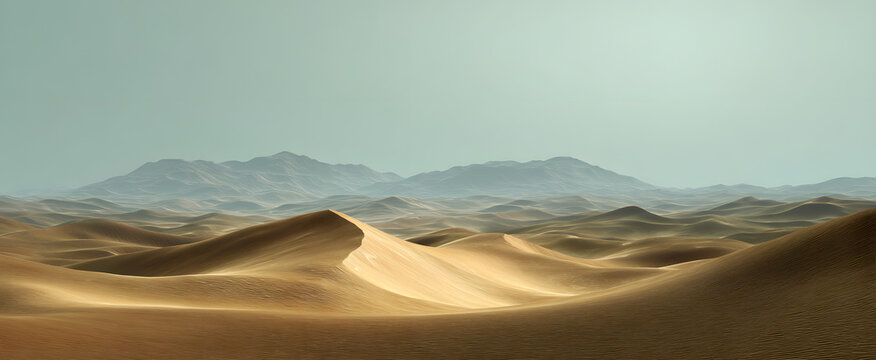 Silent desert landscape features undulating sand dunes beneath a soft pale sky.