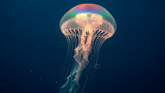 Luminous jellyfish with a colorful bell and trailing tentacles floating in the deep blue sea. - Powered by Adobe