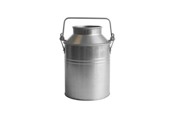 A classic silver metallic milk can, featuring a sturdy carrying handle, stands upright, representing traditional dairy and farm storage. background removed