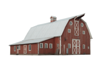 A classic red wooden barn featuring a white metal roof, multiple windows, and iconic X-patterned doors, isolated on a solid transparent background. background removed
