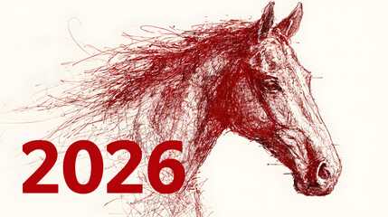 Artistic representation of a horse with a bold 2026 design element
