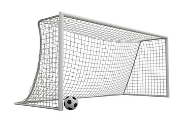 A realistic 3D rendered soccer goal with a classic black and white football placed inside the net on a transparent background. background removed