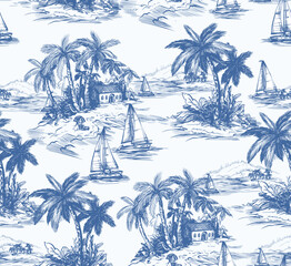 Tropic toile island scene with palm trees boats vintage drawing vector seamless pattern