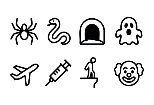 Common phobias and fears line icons &mdash; spider, heights, clowns, needles &mdash; stock vector.