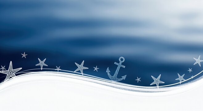 Nautical themed background with shimmering starfish and anchor illustrations on a flowing blue and white wave pattern, perfect for summer, ocean, or coastal designs.