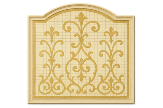 Ornate gold and beige mosaic panel with scrollwork isolated on transparent background