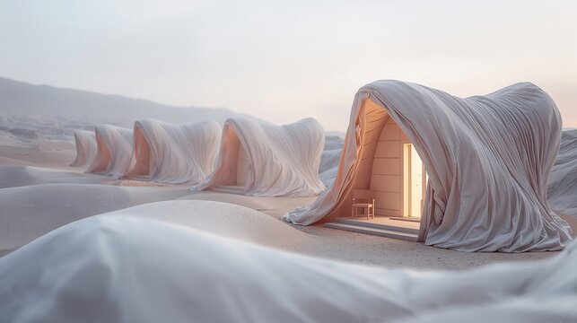 Ethereal structures cloaked in flowing fabric stand on a sandy landscape, bathed in soft light.