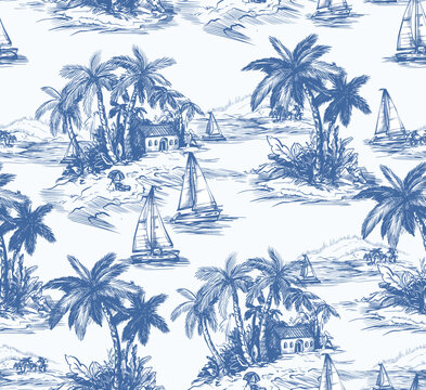 Tropic toile island scene with palm trees boats vintage drawing vector seamless pattern