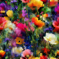 A vibrant garden tableau, exquisitely rendered with a painterly touch, showcases a dynamic interplay of Sunny Yellow petals, Deep Violet blossoms, and a touch of Vibrant Magenta, perfect for compellin