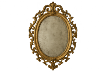 Ornate antique gold oval mirror with distressed glass, isolated on transparent background