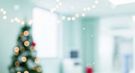Blurred Christmas tree with festive bokeh lights and falling snowflakes in a serene hospital hallway, creating a peaceful holiday background.