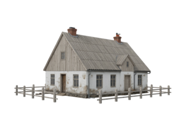 Rustic white farmhouse with a grey roof, two chimneys, multiple windows, and a wooden fence, isolated on transparent background. background removed