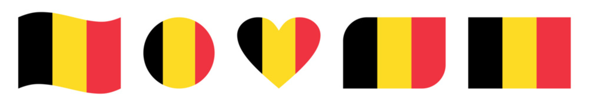 Set of five creative Belgium flag vector designs featuring wavy, circular, heart-shaped, rounded-corner, and rectangular styles, symbolizing national pride and patriotic celebration