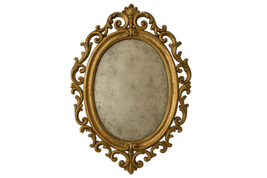 Ornate antique gold oval mirror with distressed glass, isolated on transparent background - Powered by Adobe