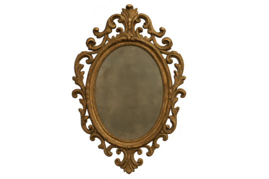 Vintage ornate gold oval mirror with aged glass isolated on transparent background