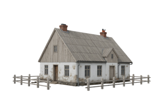 Rustic white farmhouse with a grey roof, two chimneys, multiple windows, and a wooden fence, isolated on transparent background. background removed