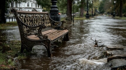 Fototapeta premium Ornate park bench partially submerged in floodwaters surrounded by lush greenery and urban elements